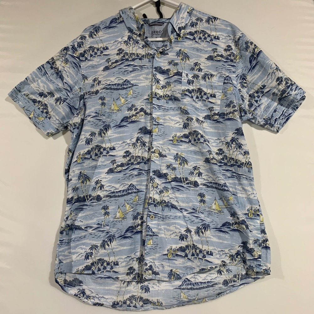 IZOD Saltwater Hawaiian‎ Shirt Tropical Palm Tree Print Mens XL